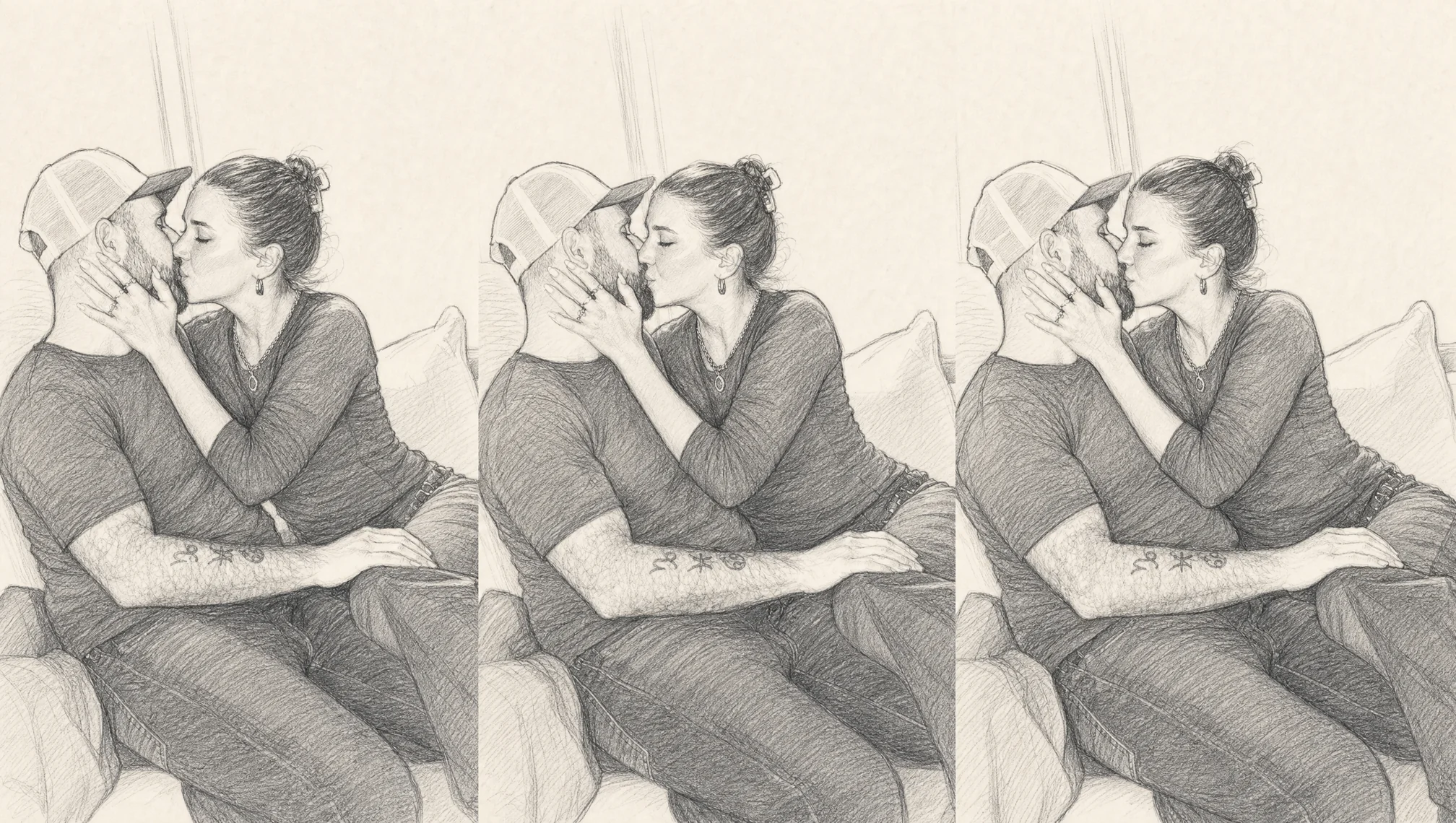 Pencil sketch of Joelle and William sharing a kiss