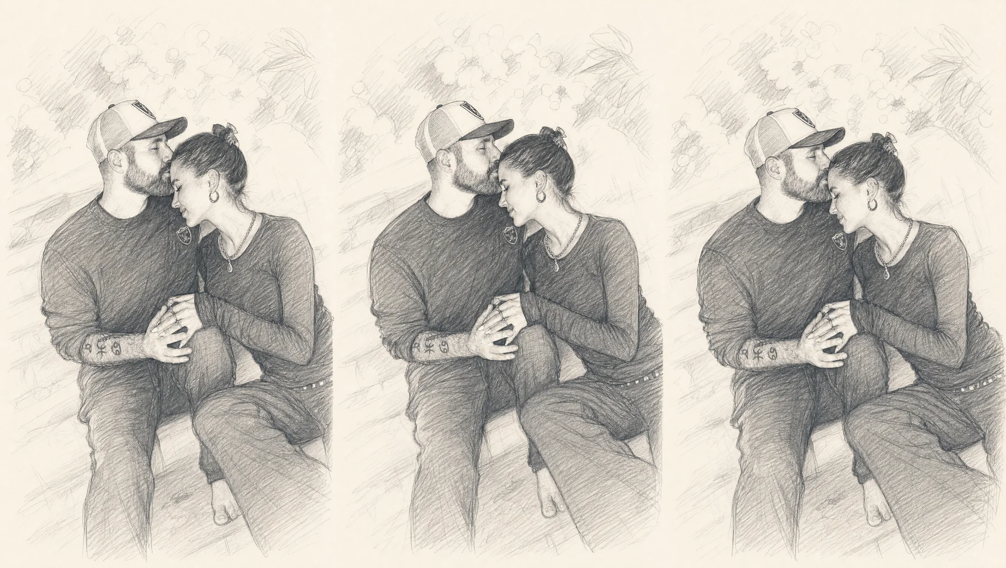 Pencil sketch of William kissing Joelle’s forehead