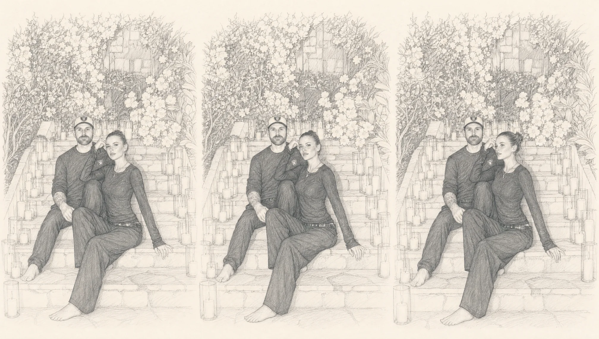 Pencil sketch of Joelle and William on the candlelit stairs
